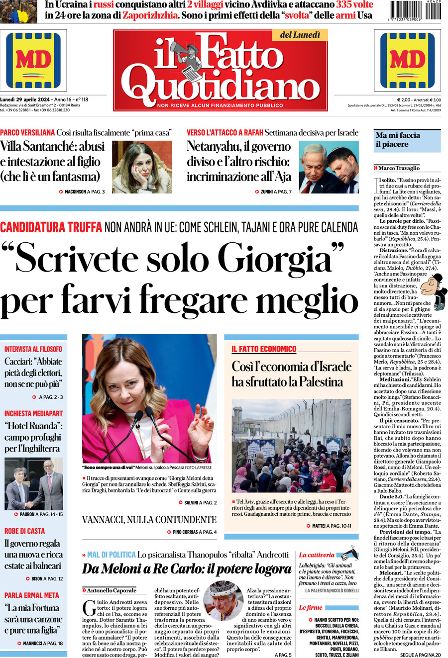 Prima-pagina-il-fatto-quotidiano-edizione-di-oggi-29-04-2024