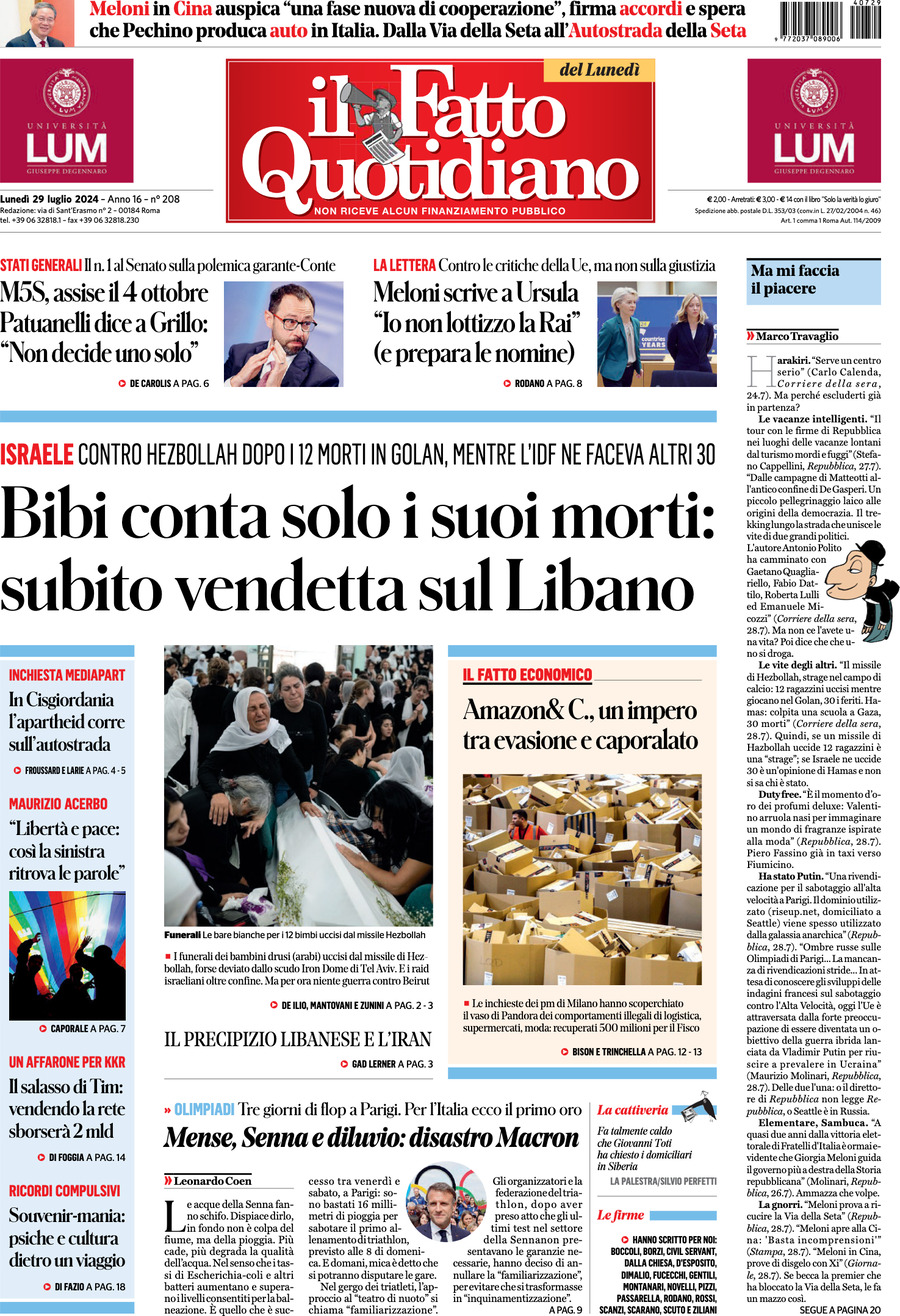 Prima-pagina-il-fatto-quotidiano-edizione-di-oggi-29-07-2024