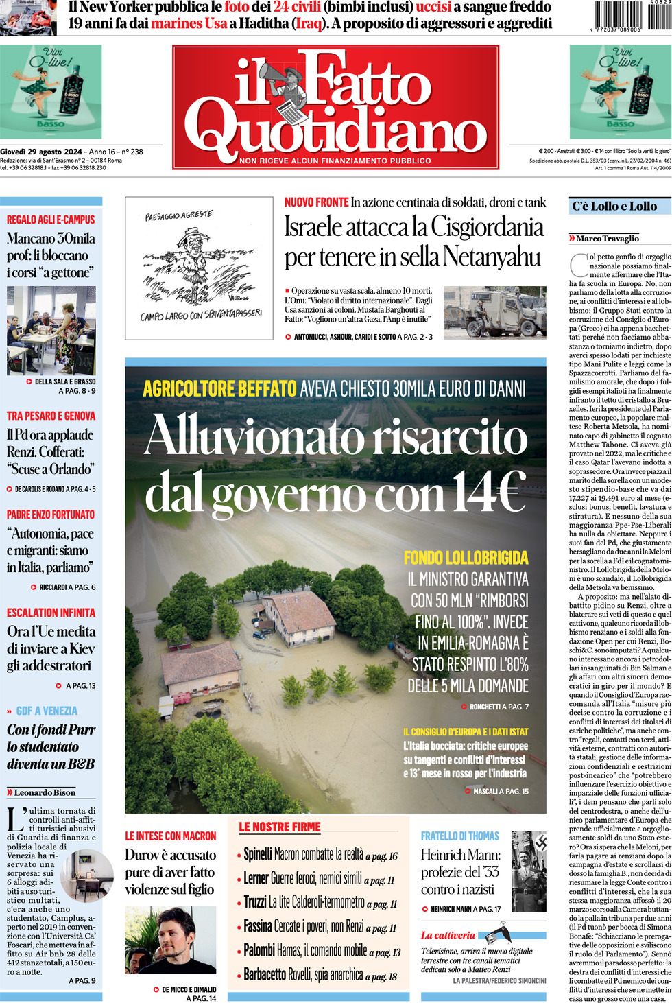 Prima-pagina-il-fatto-quotidiano-edizione-di-oggi-29-08-2024