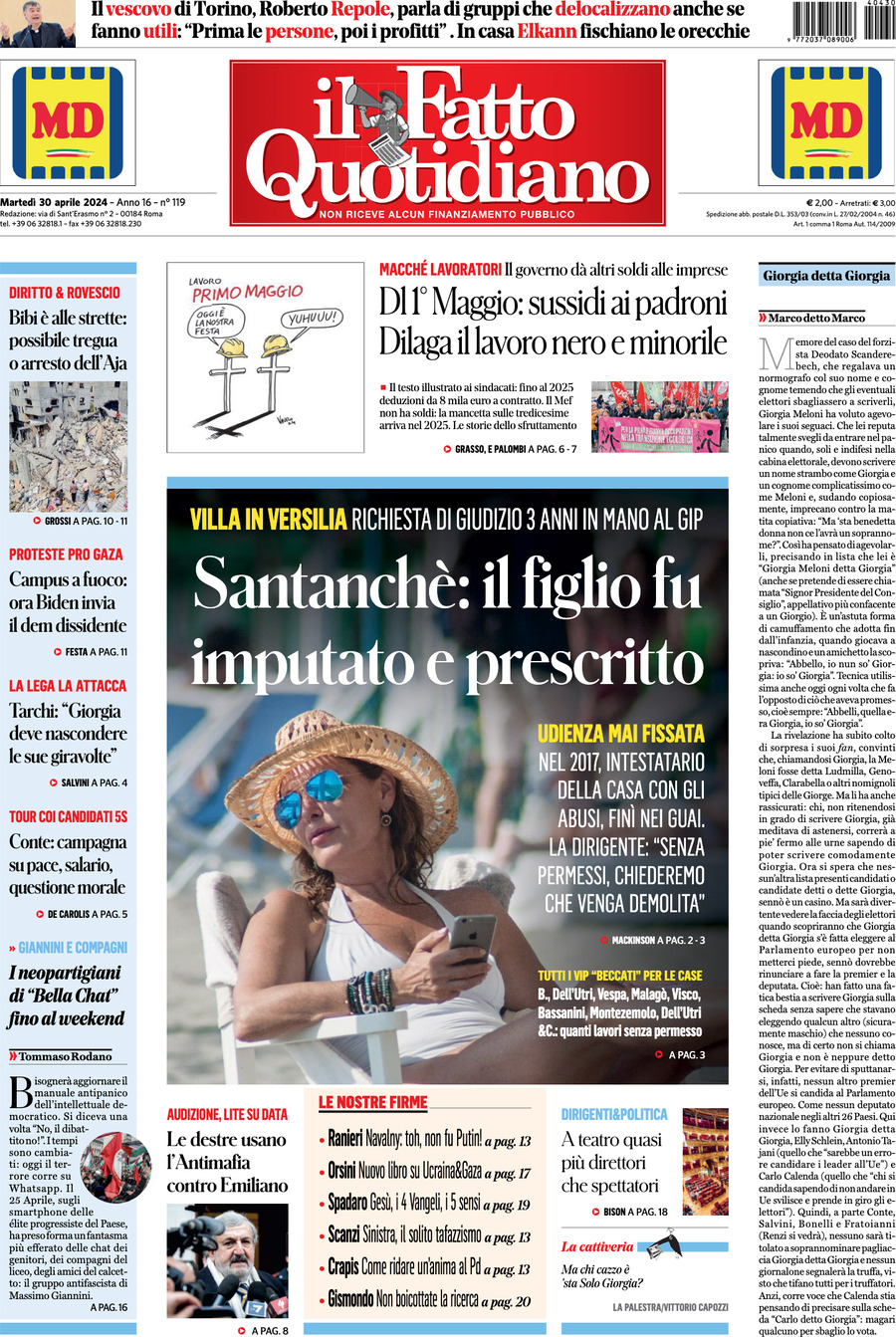 Prima-pagina-il-fatto-quotidiano-edizione-di-oggi-30-04-2024