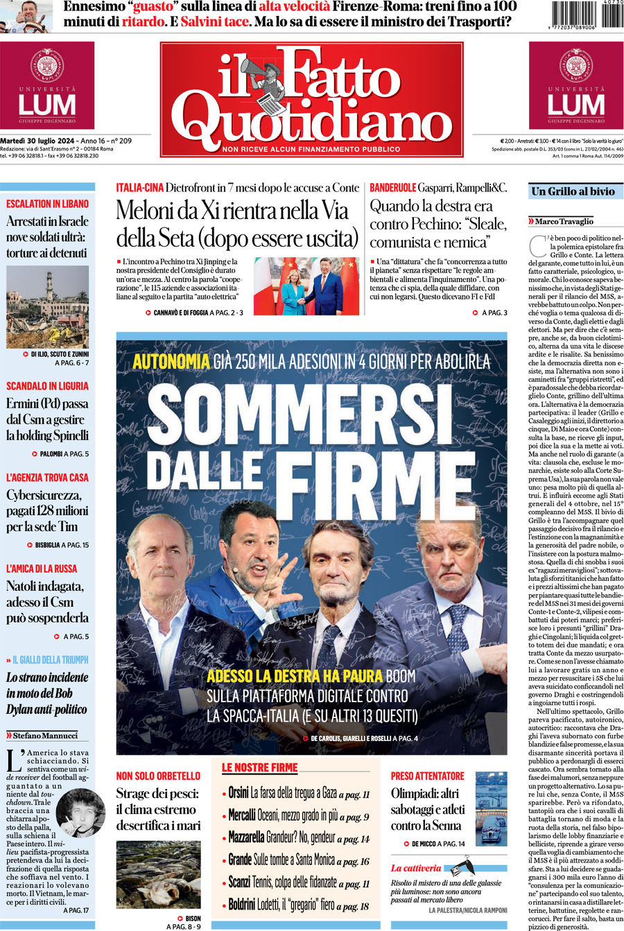 Prima-pagina-il-fatto-quotidiano-edizione-di-oggi-30-07-2024