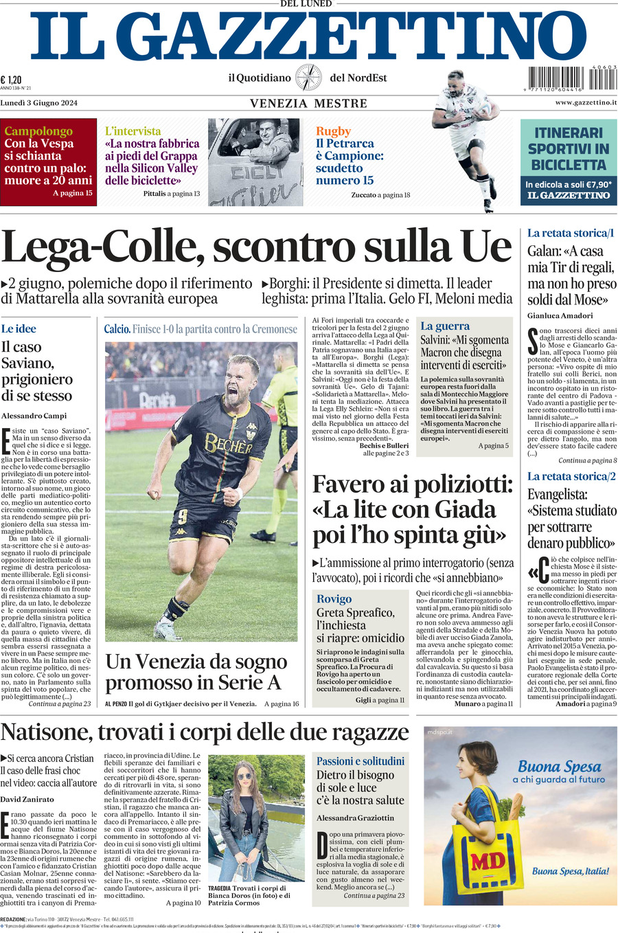 Prima-pagina-il-gazzettino-edizione-di-oggi-03-06-2024