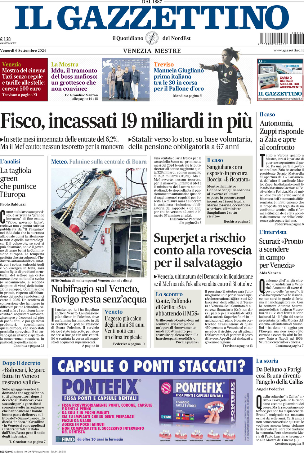 Prima-pagina-il-gazzettino-edizione-di-oggi-06-09-2024