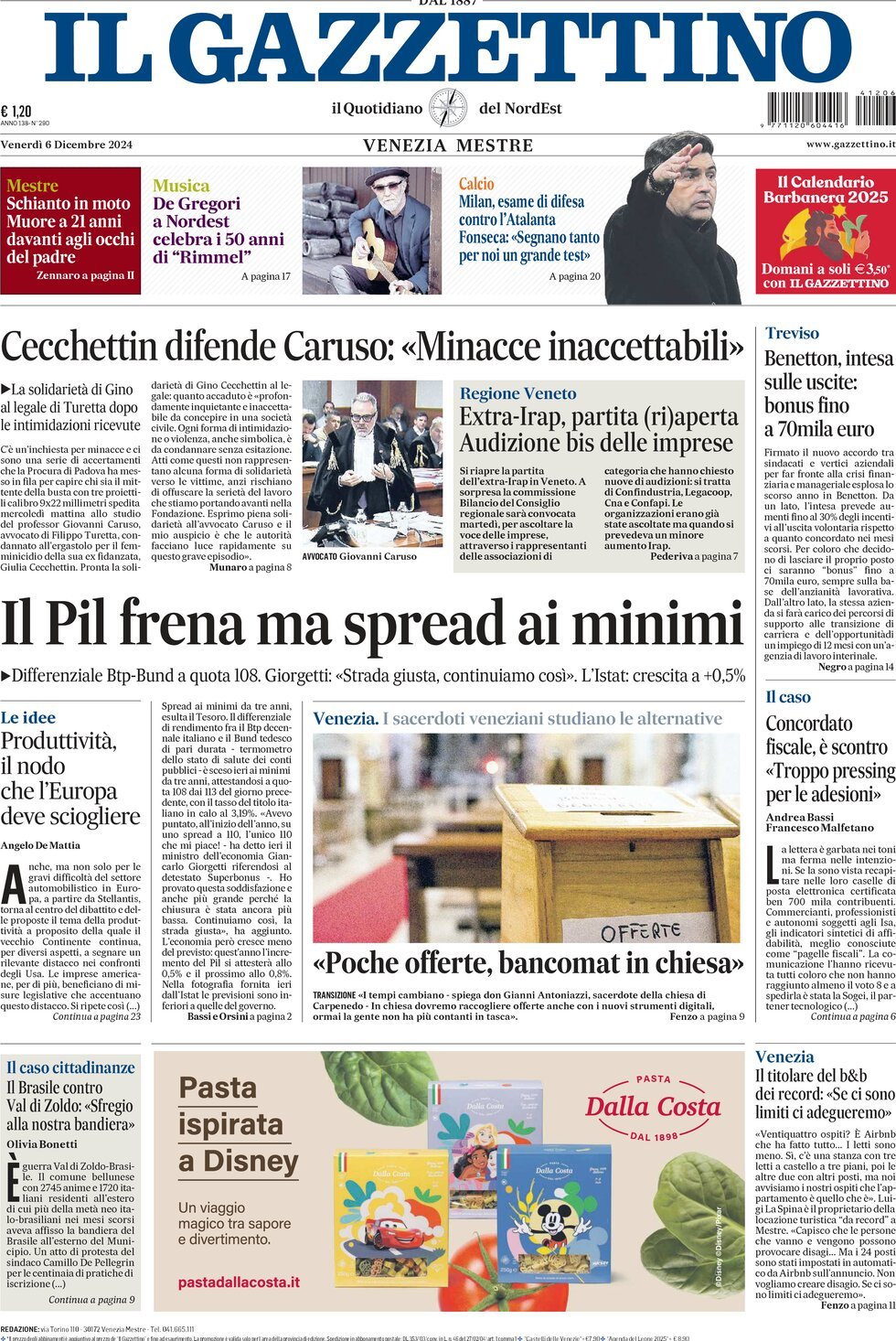 Prima-pagina-il-gazzettino-edizione-di-oggi-06-12-2024