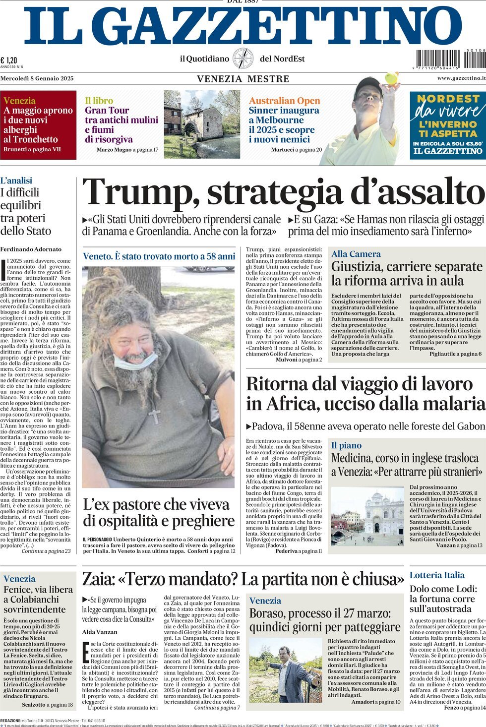 Prima-pagina-il-gazzettino-edizione-di-oggi-08-01-2025