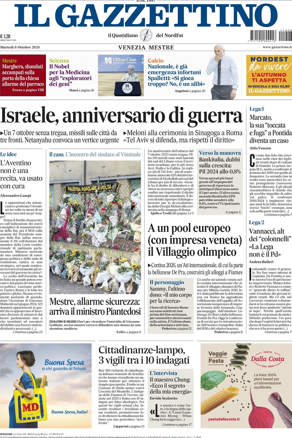 Prima-pagina-il-gazzettino-edizione-di-oggi-08-10-2024