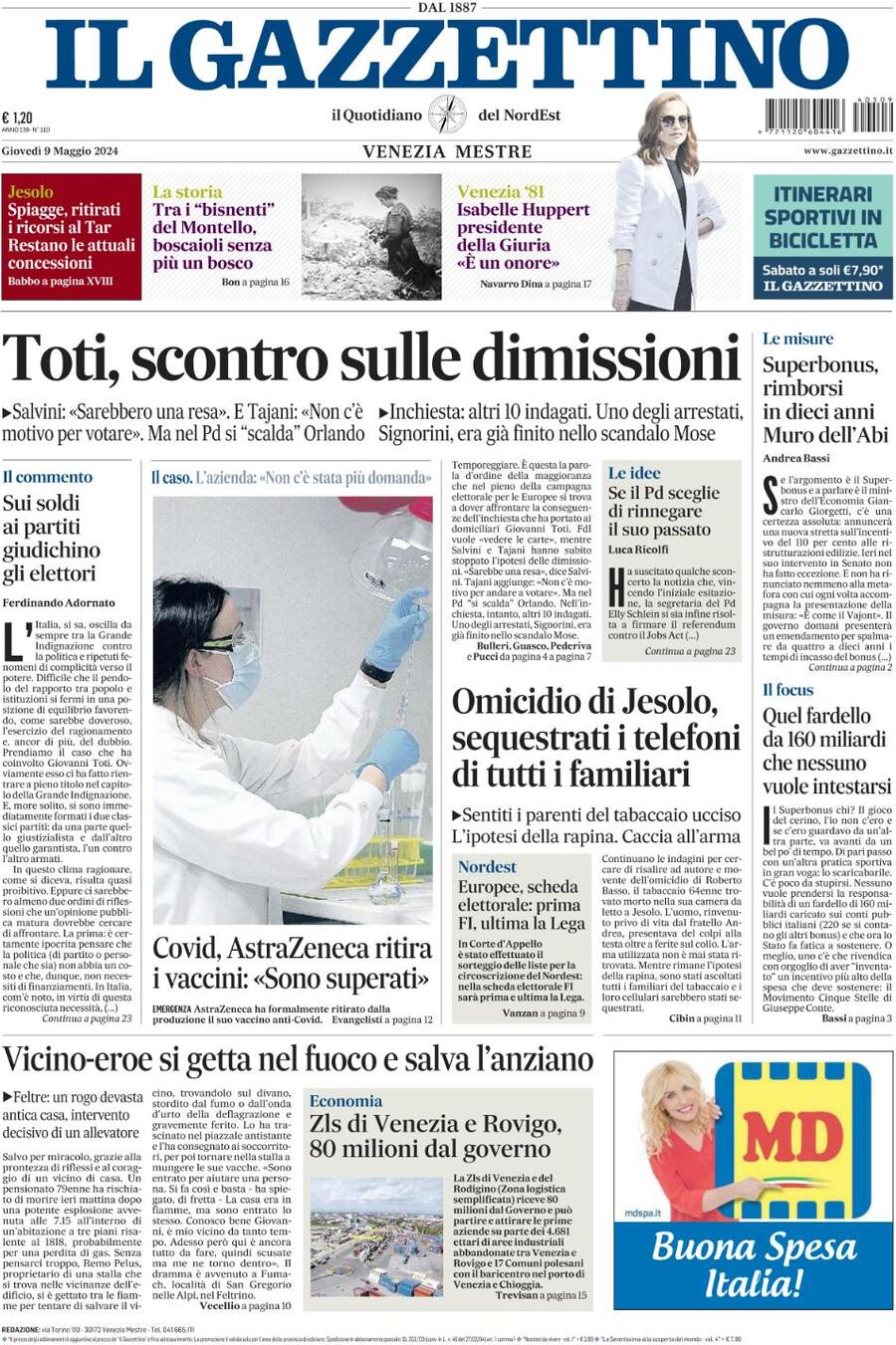 Prima-pagina-il-gazzettino-edizione-di-oggi-09-05-2024