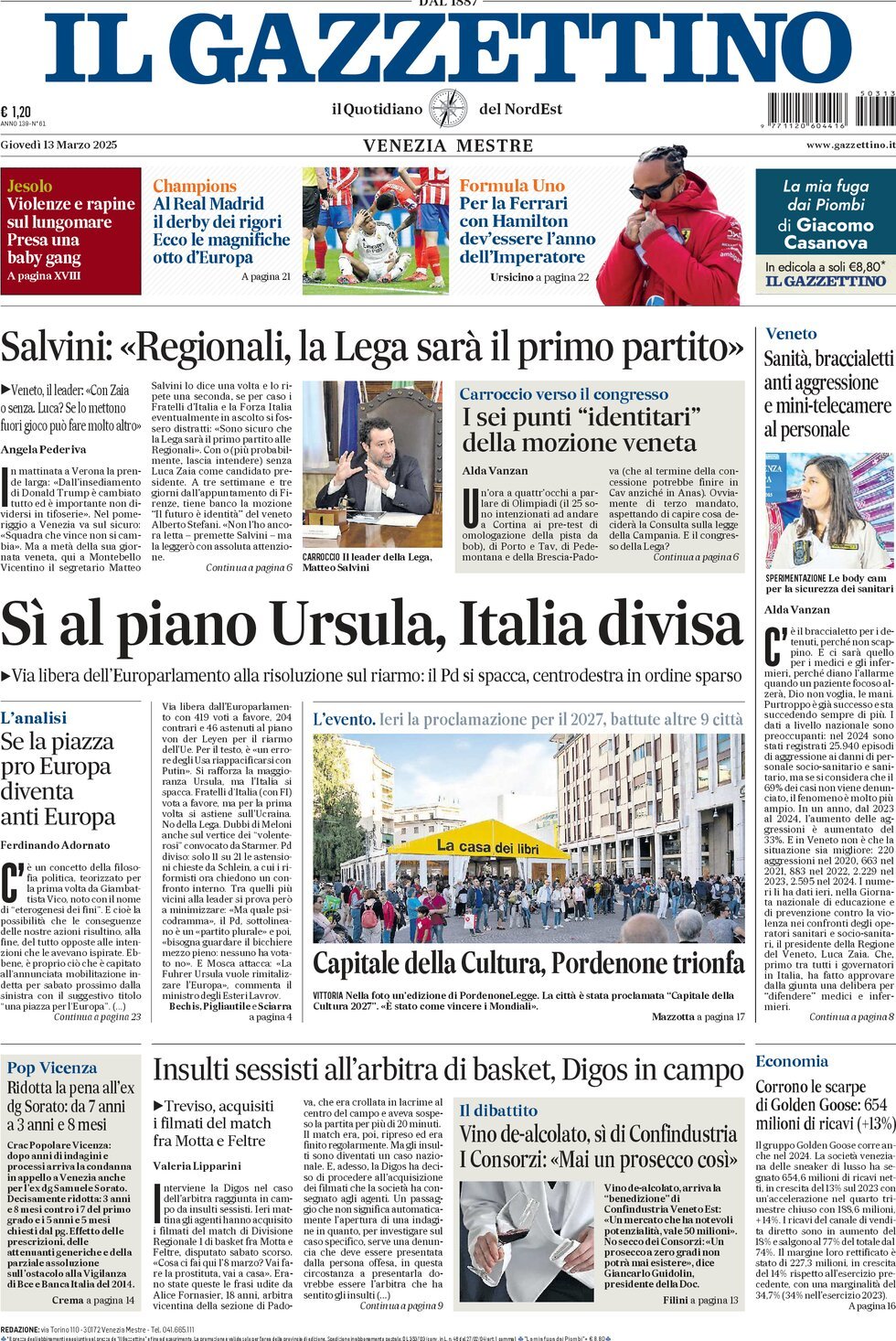 Prima-pagina-il-gazzettino-edizione-di-oggi-13-03-2025