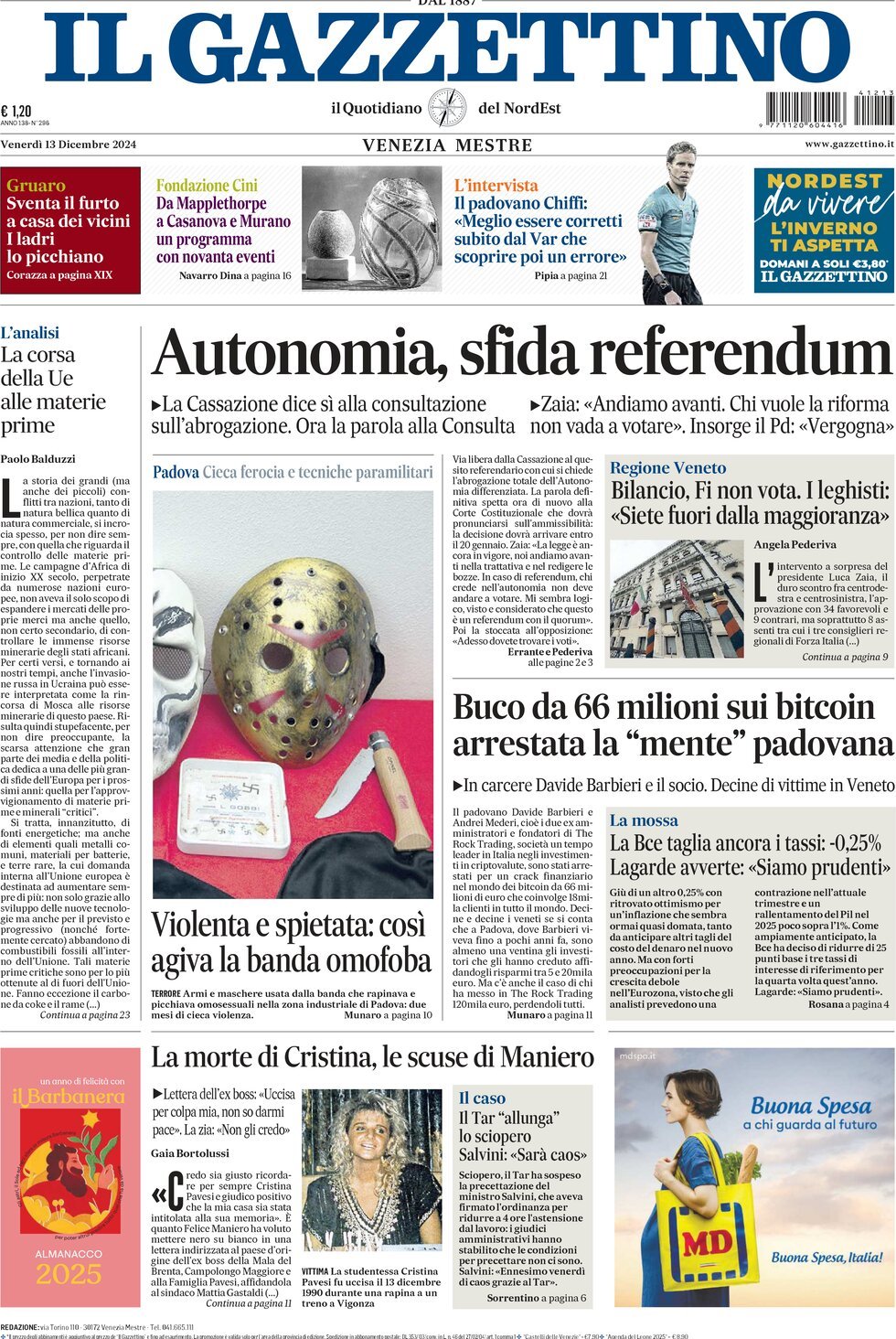 Prima-pagina-il-gazzettino-edizione-di-oggi-13-12-2024