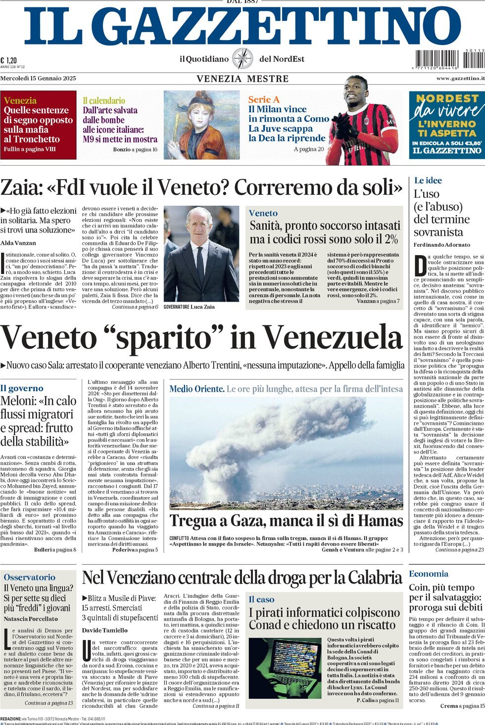 Prima-pagina-il-gazzettino-edizione-di-oggi-15-01-2025