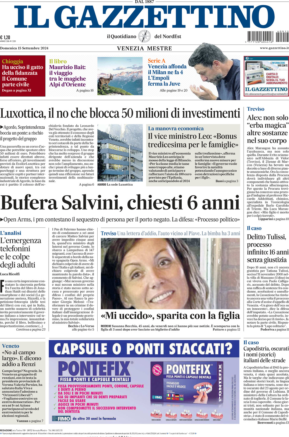 Prima-pagina-il-gazzettino-edizione-di-oggi-15-09-2024