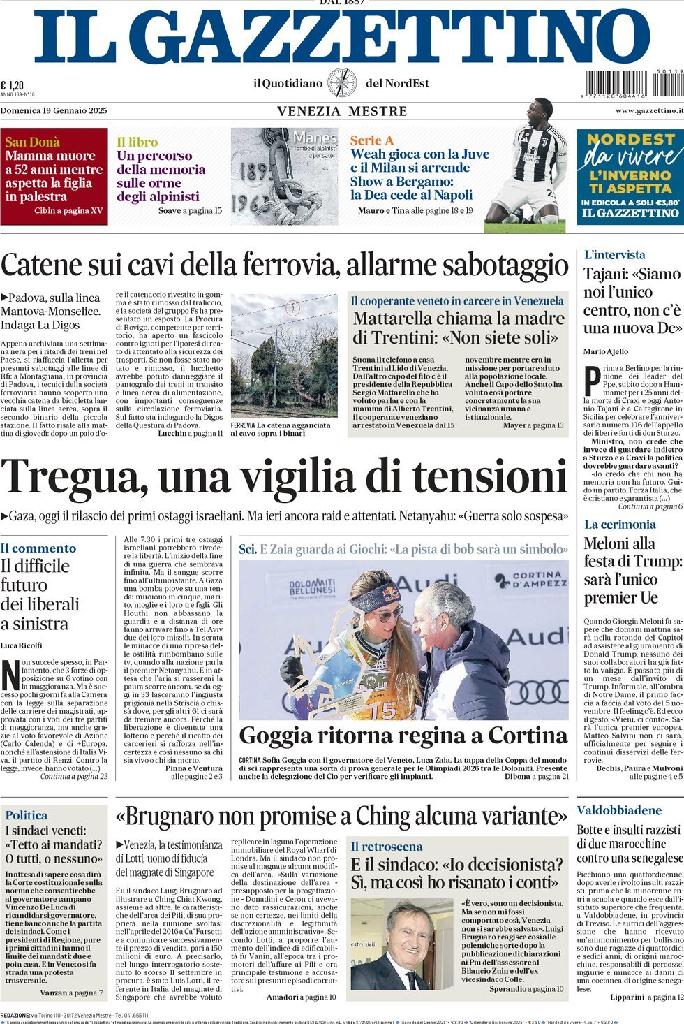 Prima-pagina-il-gazzettino-edizione-di-oggi-19-01-2025