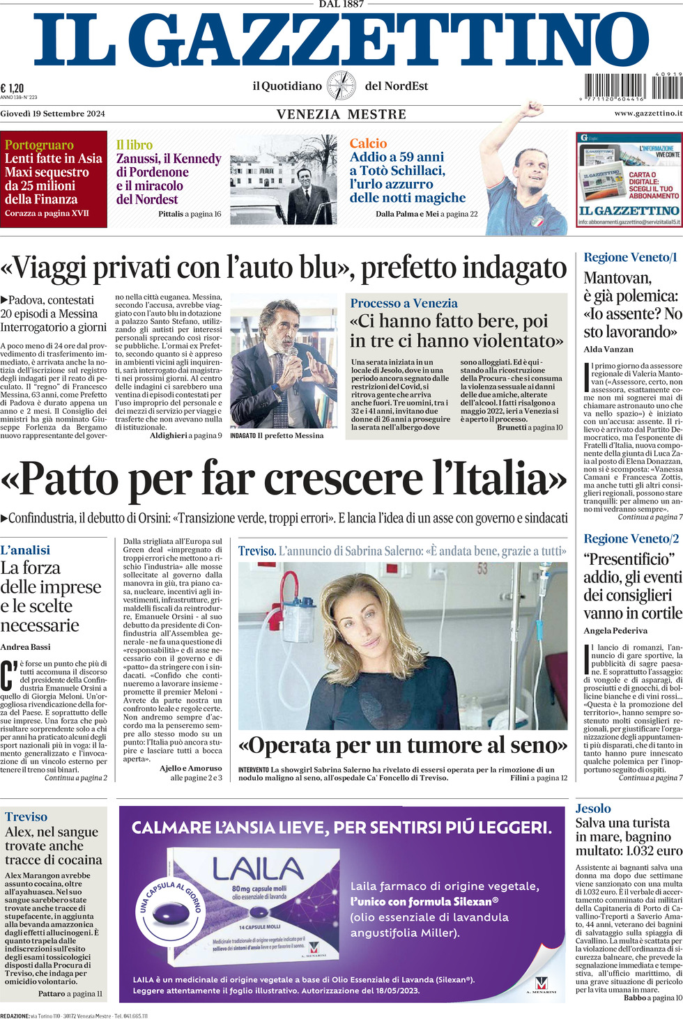 Prima-pagina-il-gazzettino-edizione-di-oggi-19-09-2024