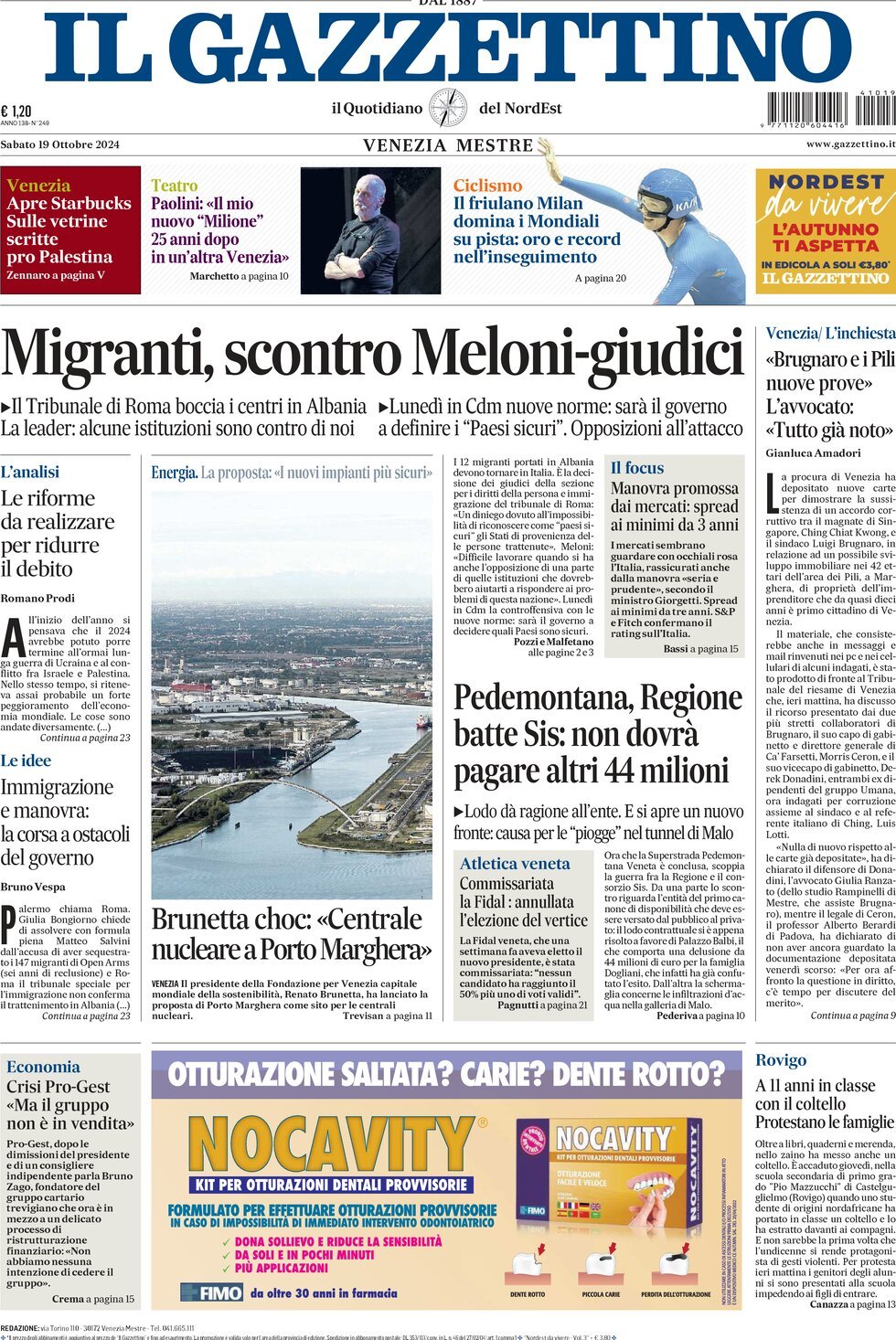 Prima-pagina-il-gazzettino-edizione-di-oggi-19-10-2024