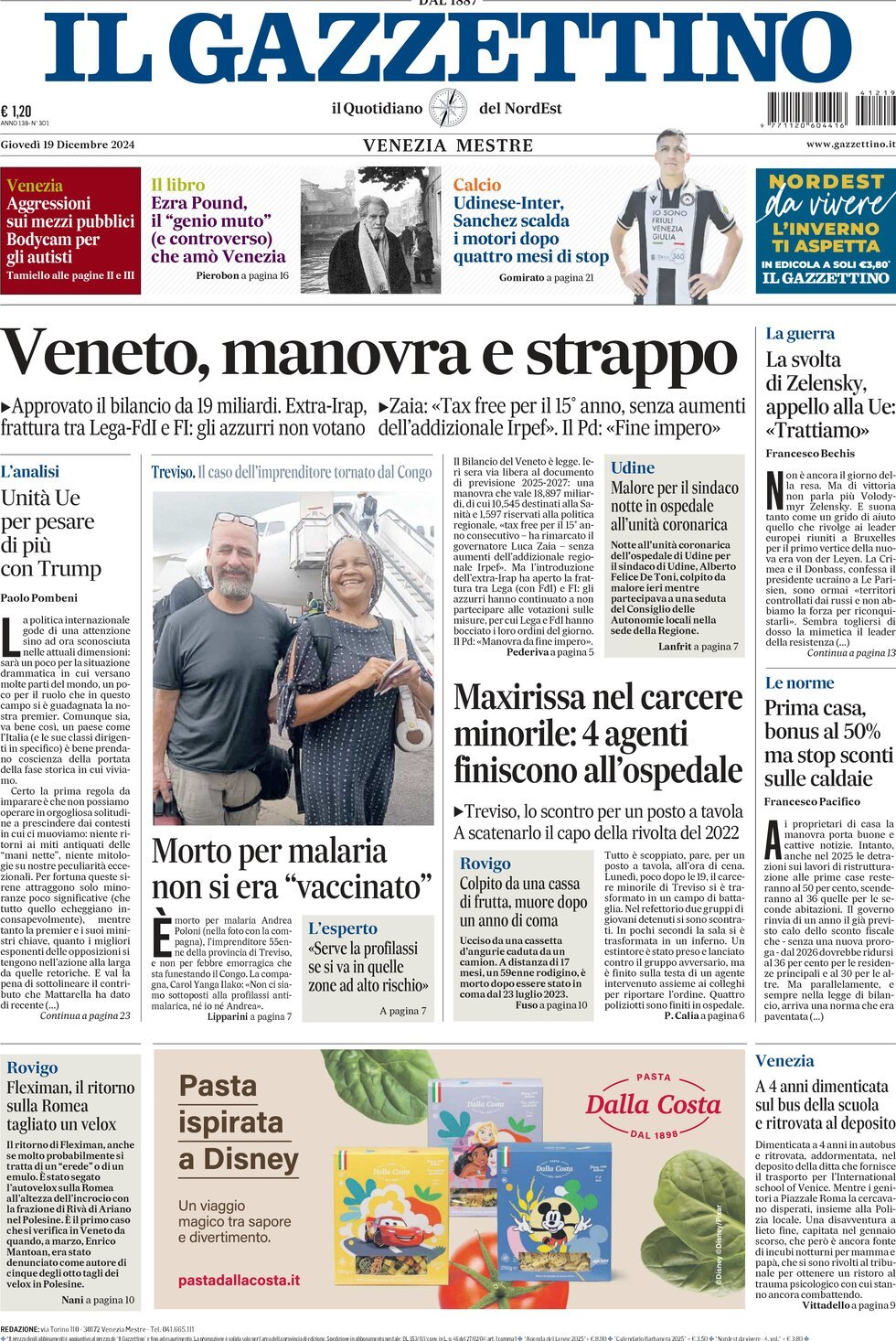 Prima-pagina-il-gazzettino-edizione-di-oggi-19-12-2024