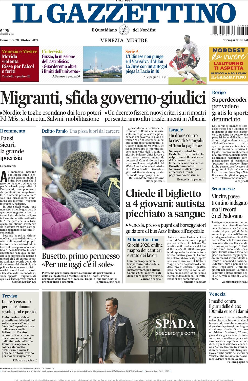 Prima-pagina-il-gazzettino-edizione-di-oggi-20-10-2024