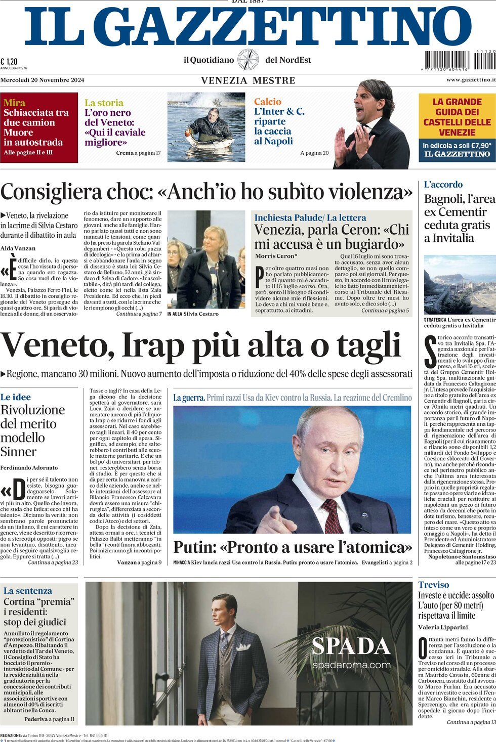 Prima-pagina-il-gazzettino-edizione-di-oggi-20-11-2024