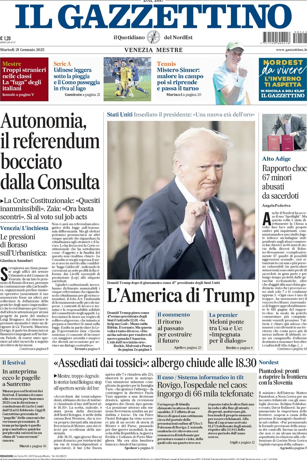 Prima-pagina-il-gazzettino-edizione-di-oggi-21-01-2025