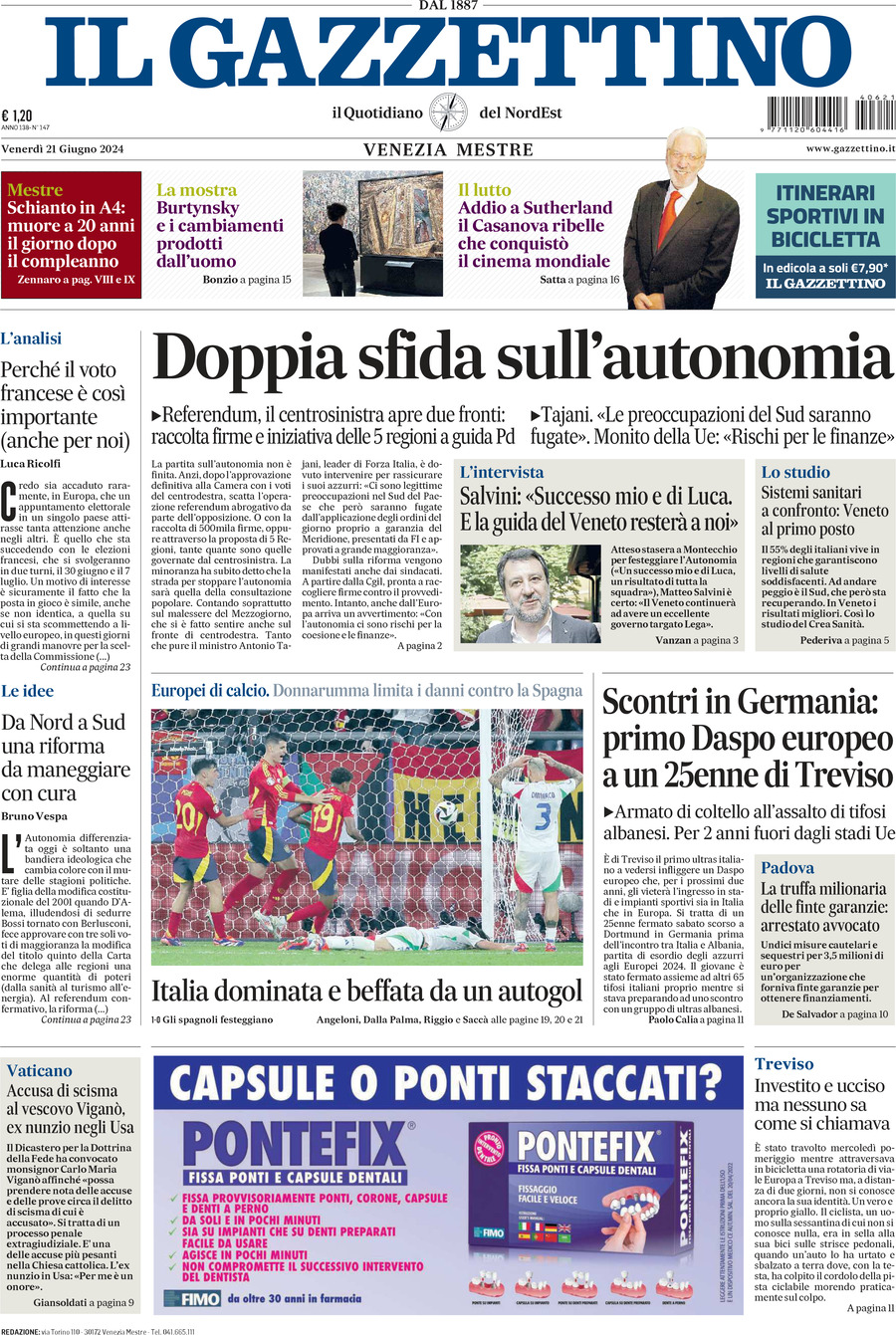 Prima-pagina-il-gazzettino-edizione-di-oggi-21-06-2024