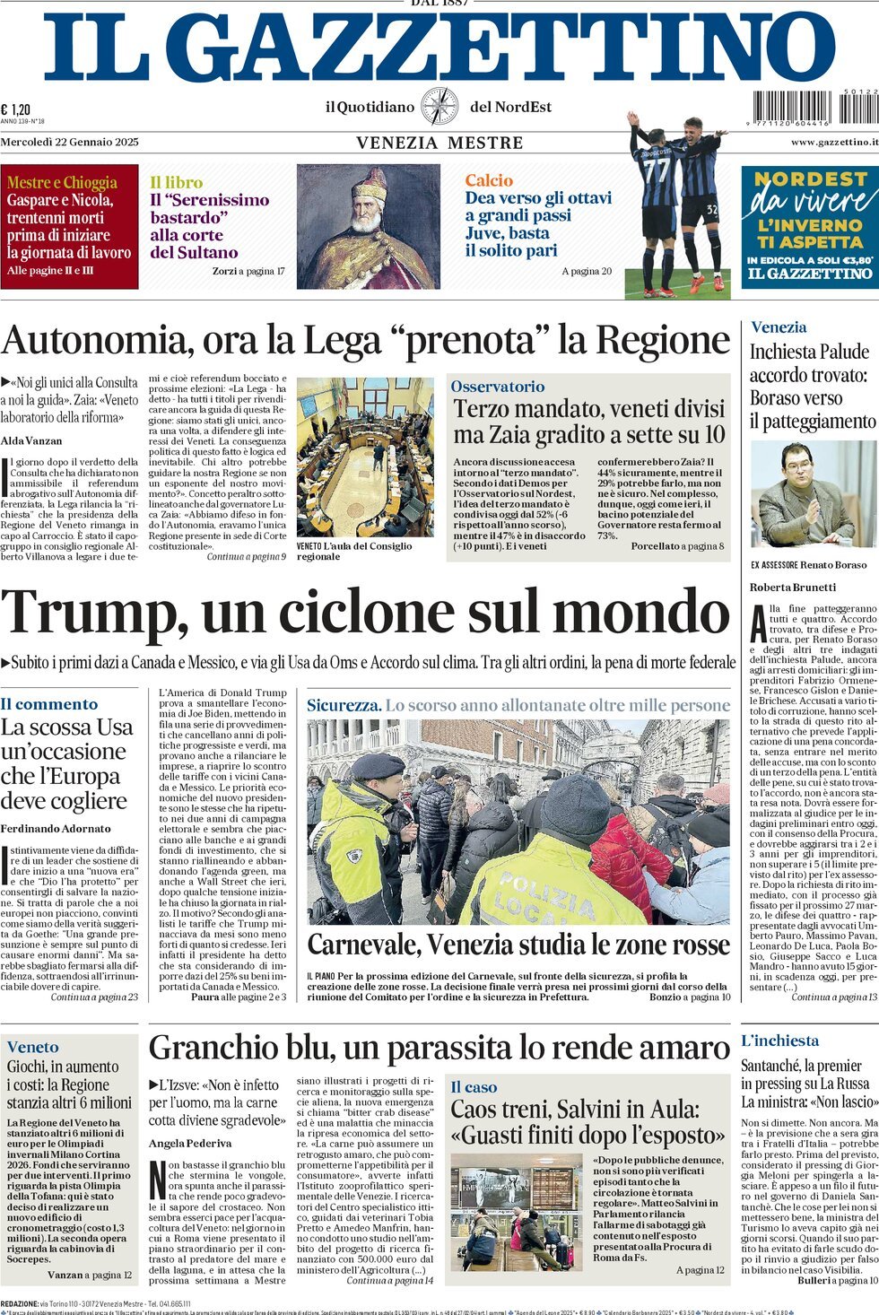 Prima-pagina-il-gazzettino-edizione-di-oggi-22-01-2025