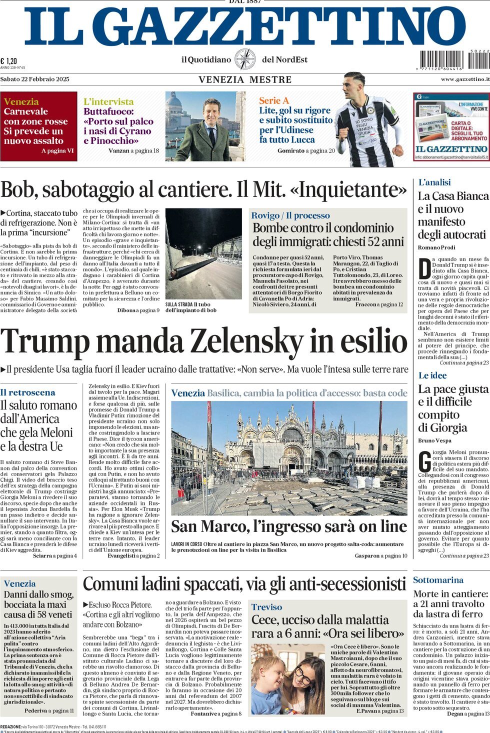 Prima-pagina-il-gazzettino-edizione-di-oggi-22-02-2025