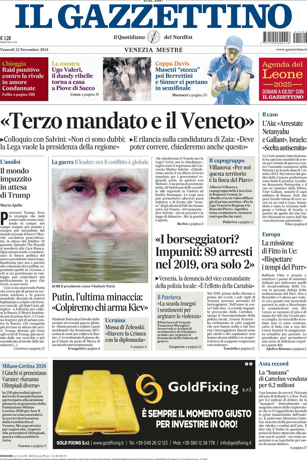 Prima-pagina-il-gazzettino-edizione-di-oggi-22-11-2024