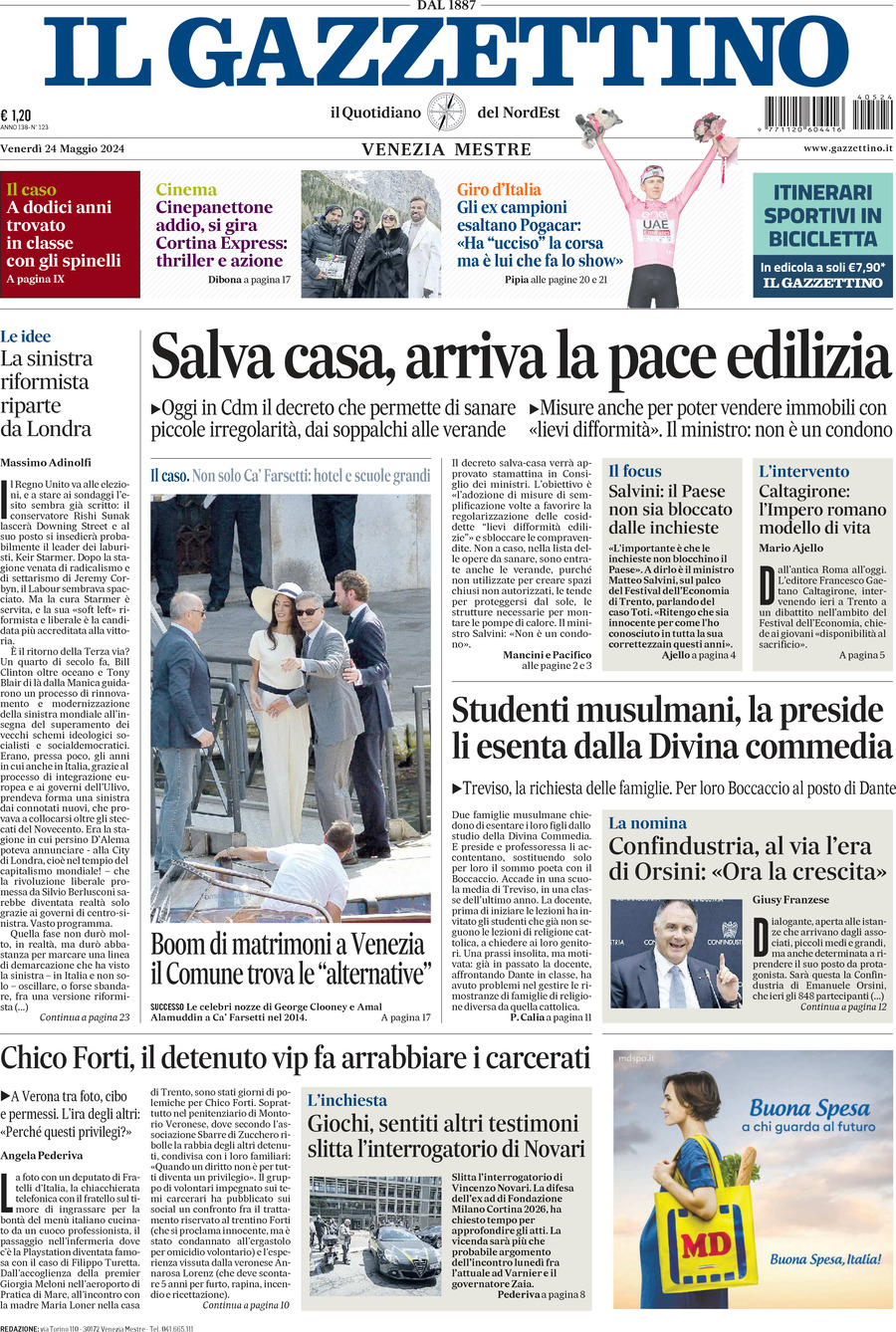 Prima-pagina-il-gazzettino-edizione-di-oggi-24-05-2024