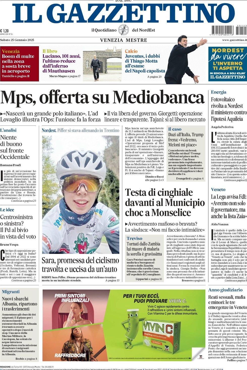 Prima-pagina-il-gazzettino-edizione-di-oggi-25-01-2025