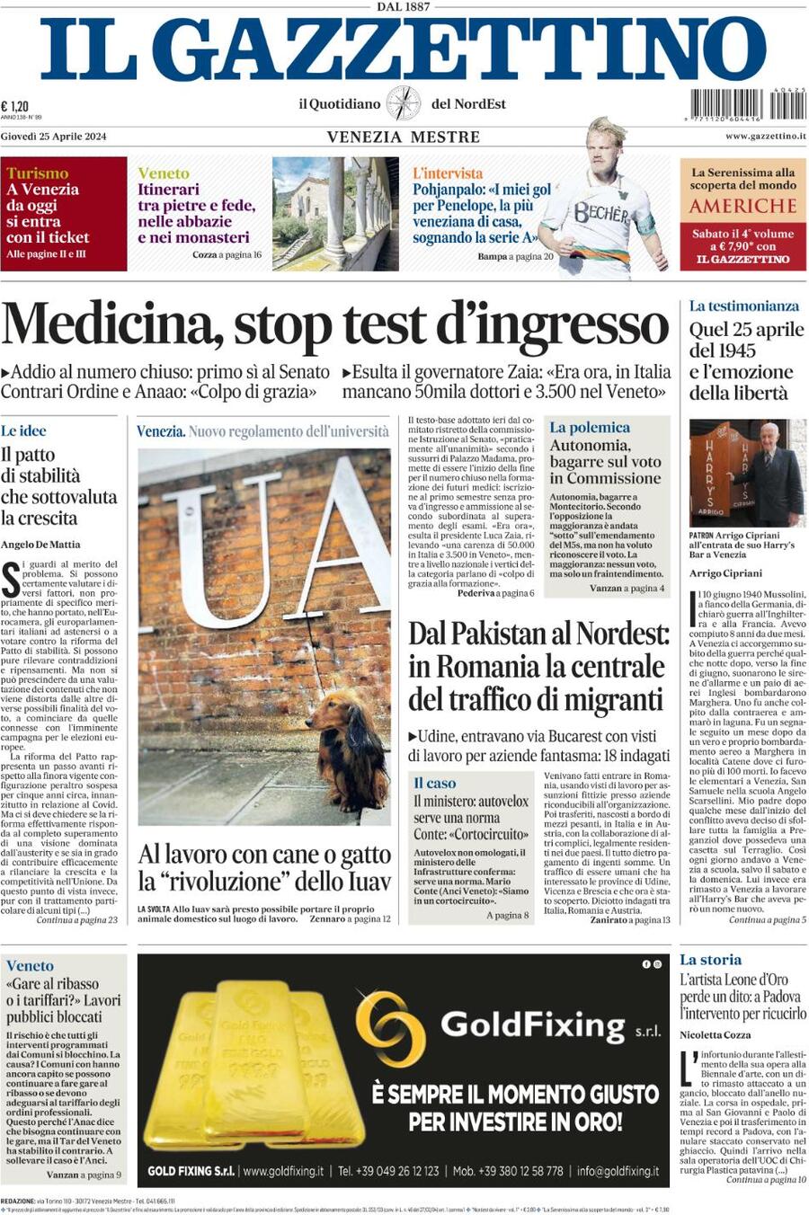 Prima-pagina-il-gazzettino-edizione-di-oggi-25-04-2024