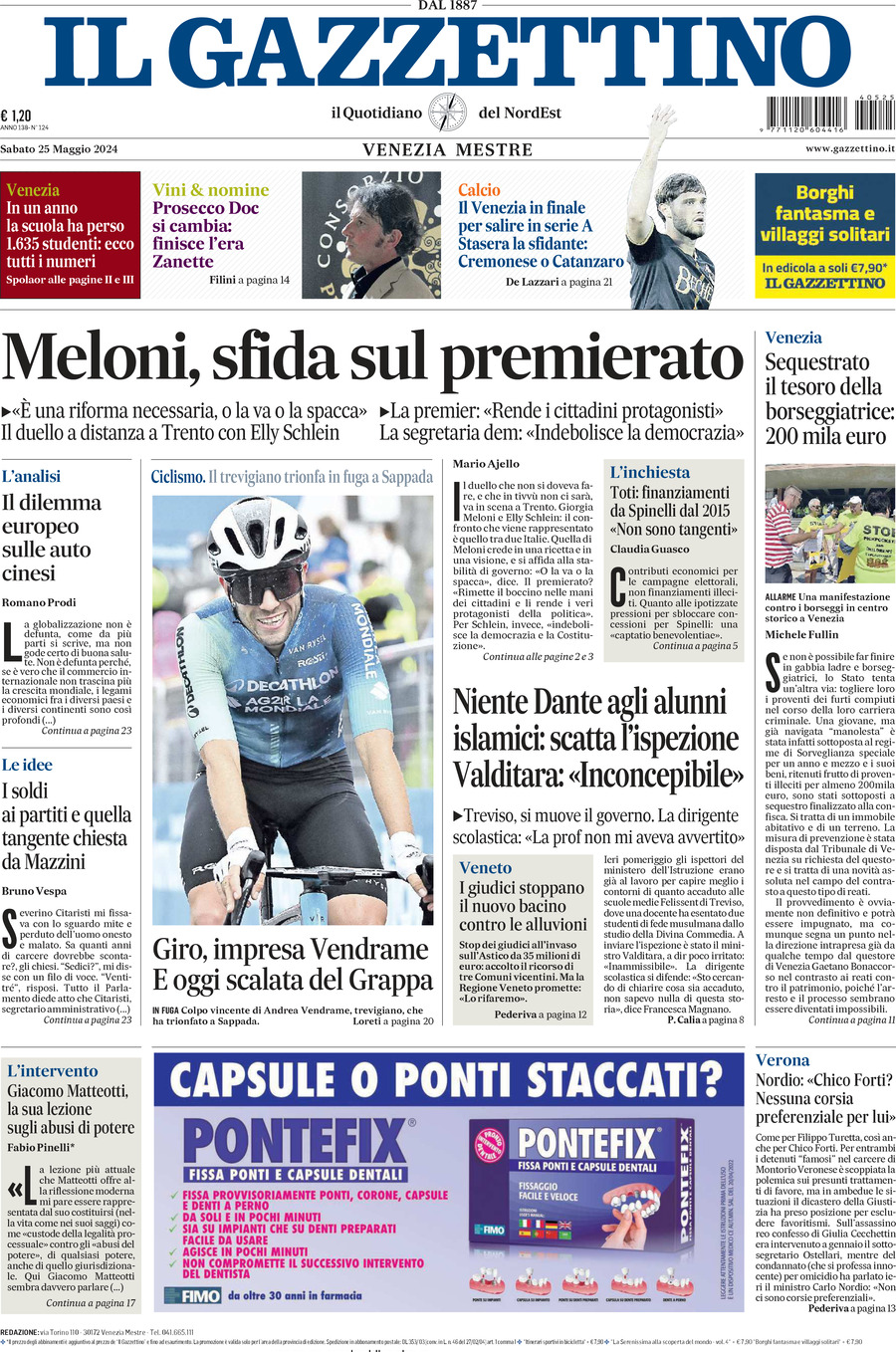 Prima-pagina-il-gazzettino-edizione-di-oggi-25-05-2024