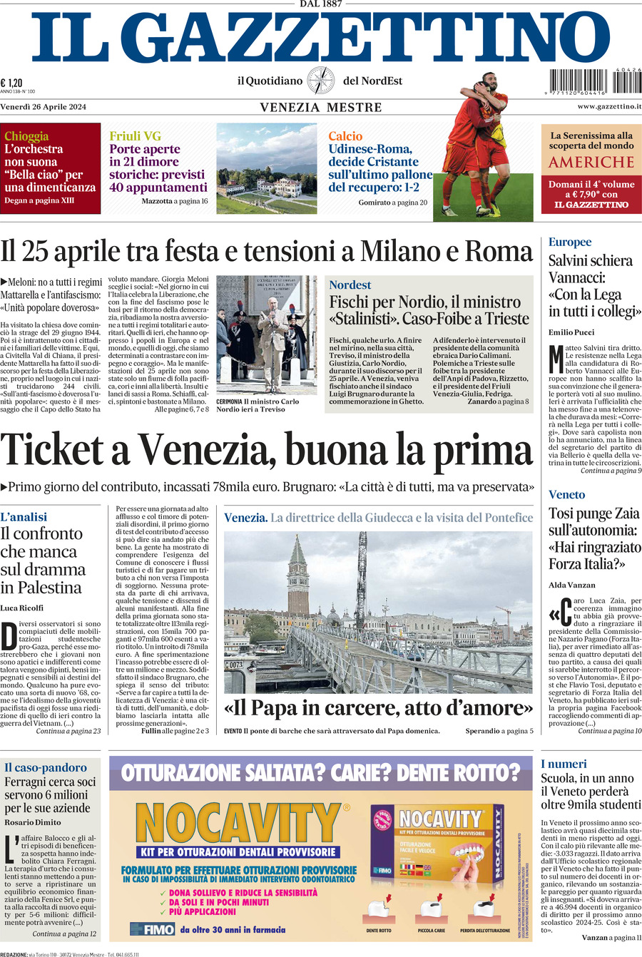 Prima-pagina-il-gazzettino-edizione-di-oggi-26-04-2024