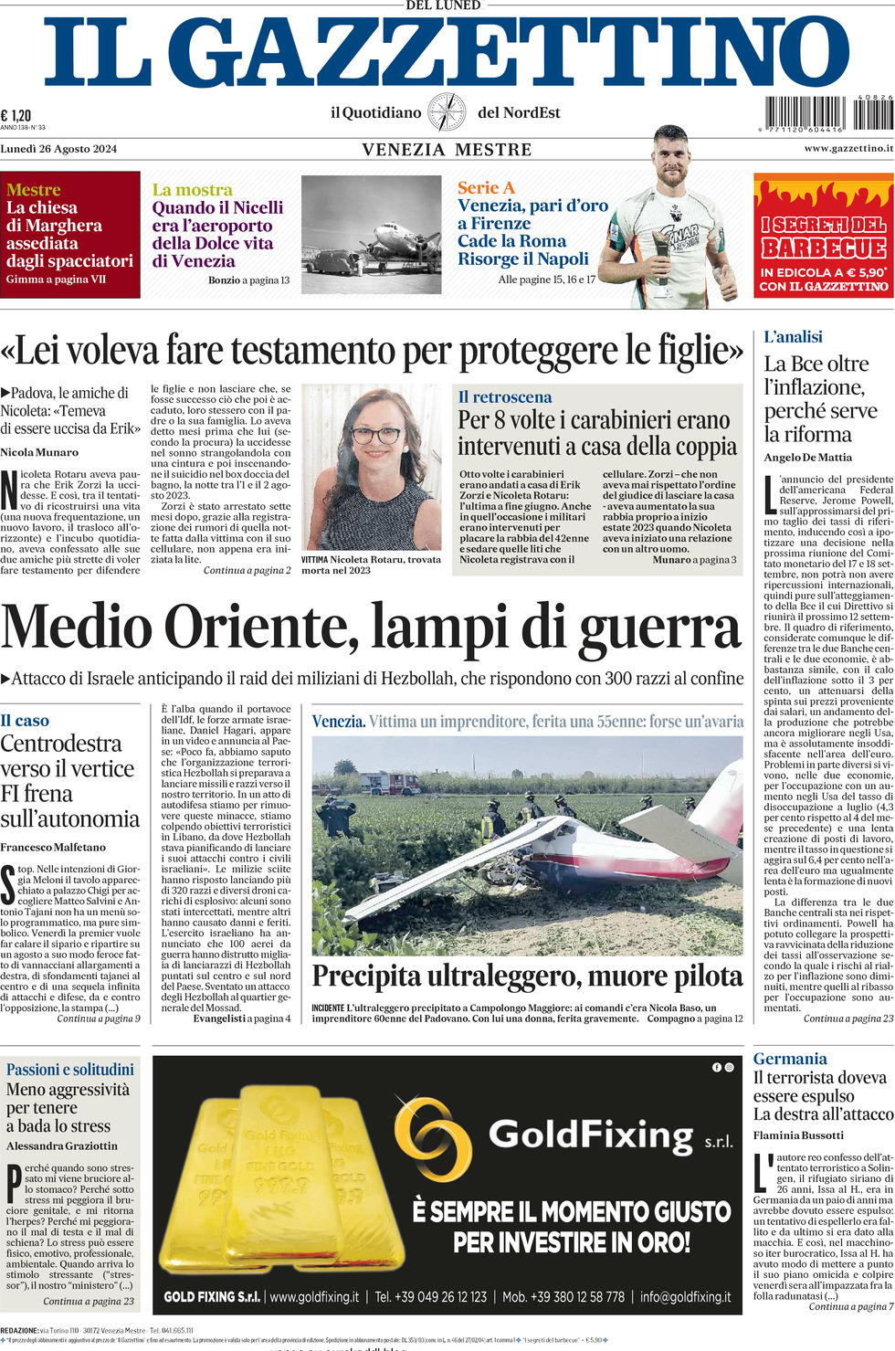 Prima-pagina-il-gazzettino-edizione-di-oggi-26-08-2024