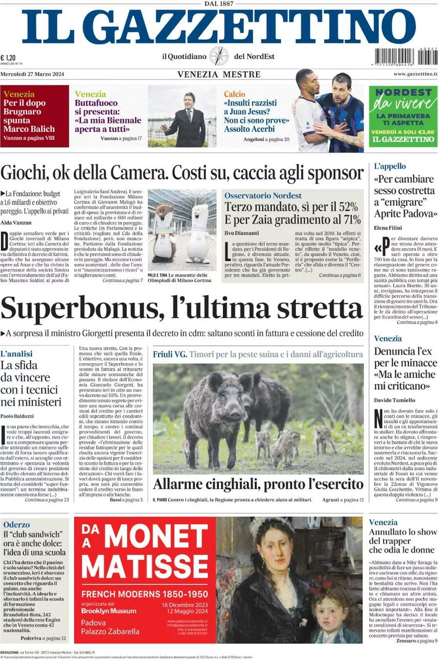 Prima-pagina-il-gazzettino-edizione-di-oggi-27-03-2024