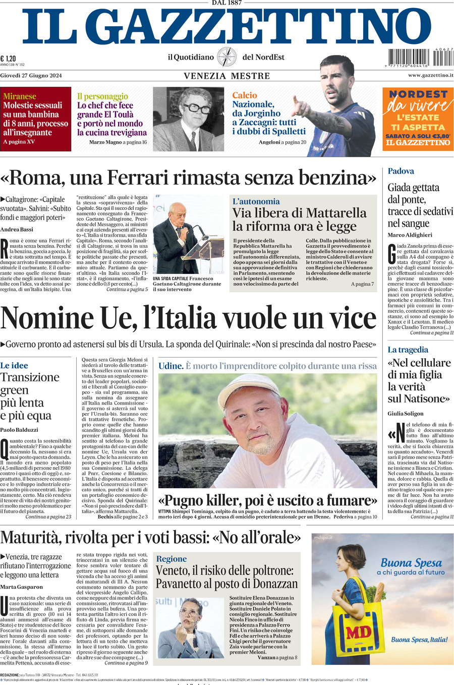 Prima-pagina-il-gazzettino-edizione-di-oggi-27-06-2024