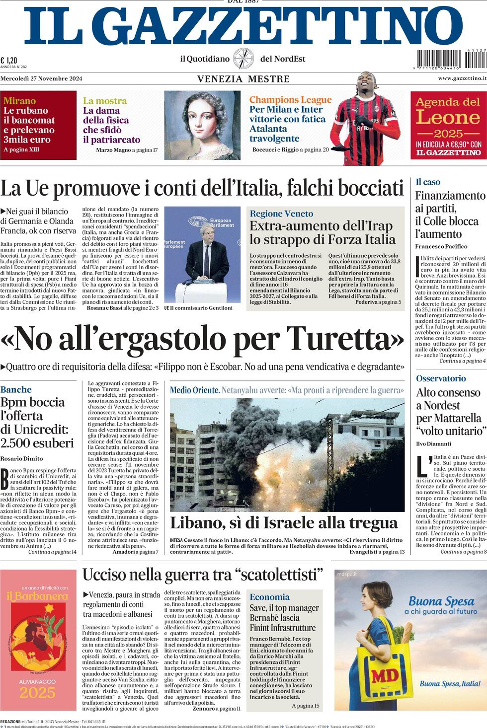 Prima-pagina-il-gazzettino-edizione-di-oggi-27-11-2024