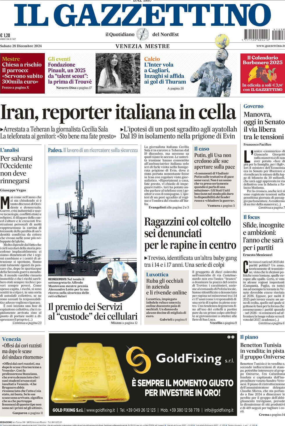 Prima-pagina-il-gazzettino-edizione-di-oggi-28-12-2024