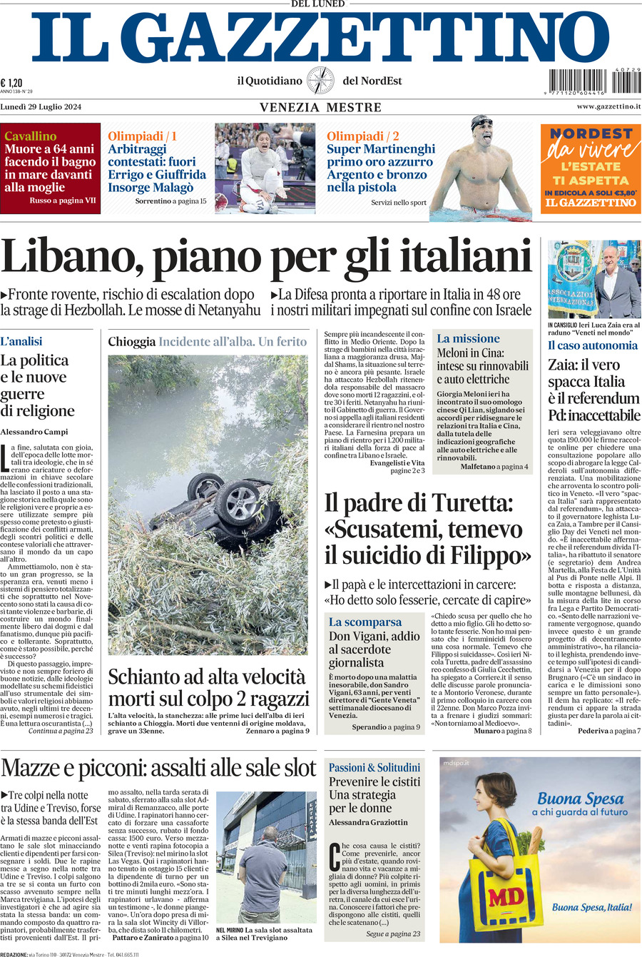 Prima-pagina-il-gazzettino-edizione-di-oggi-29-07-2024