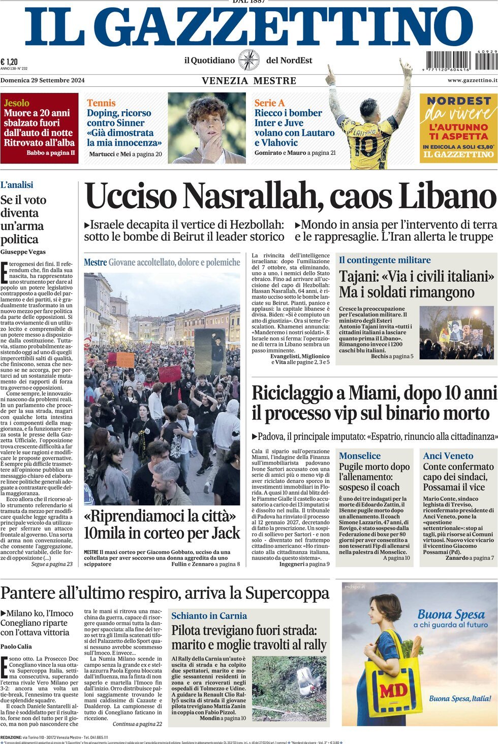 Prima-pagina-il-gazzettino-edizione-di-oggi-29-09-2024