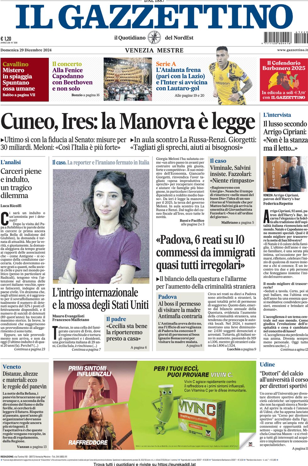 Prima-pagina-il-gazzettino-edizione-di-oggi-29-12-2024