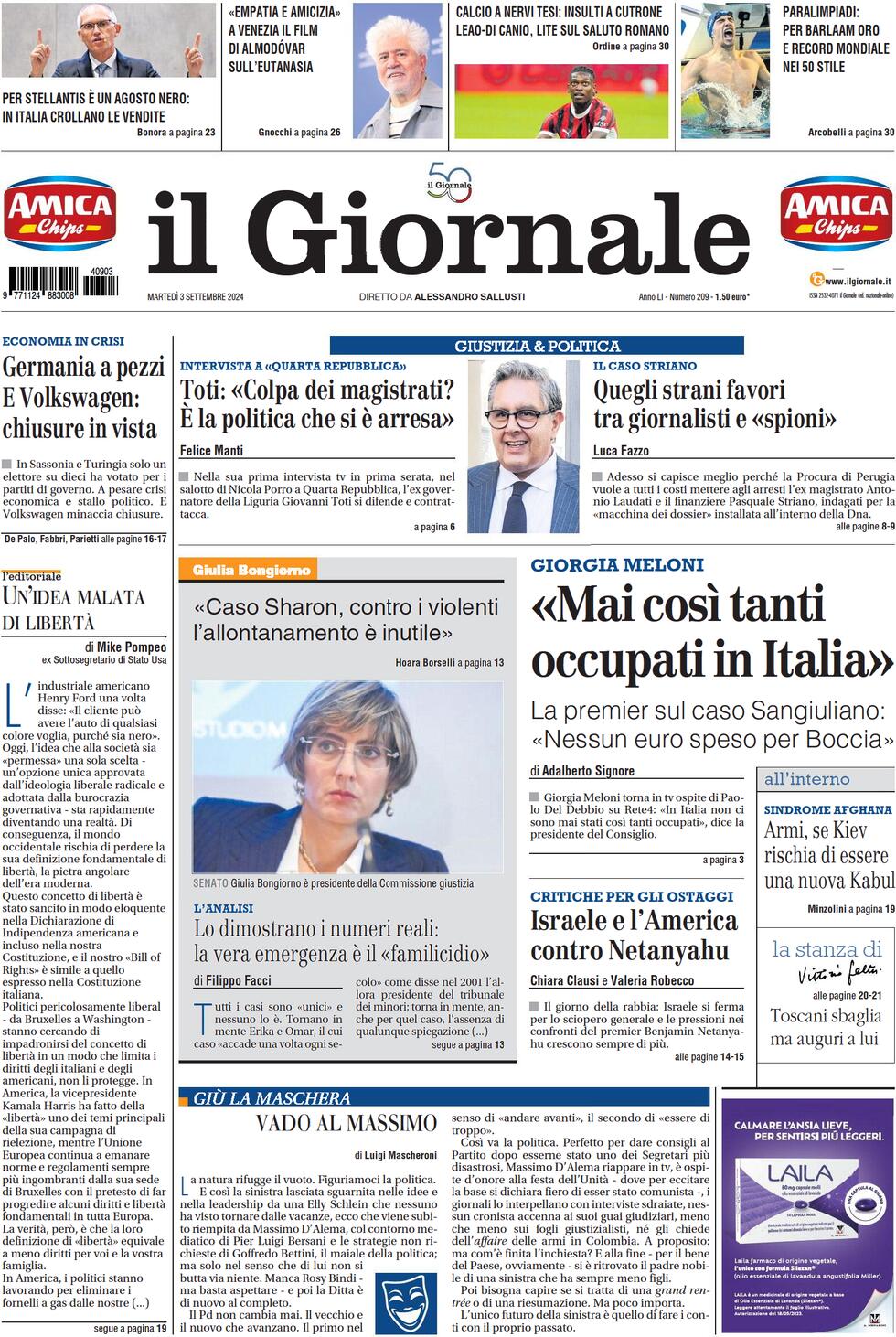 Prima-pagina-libero-edizione-di-oggi-03-09-2024