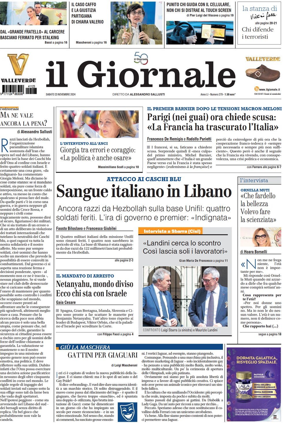 Prima-pagina-libero-edizione-di-oggi-23-11-2024