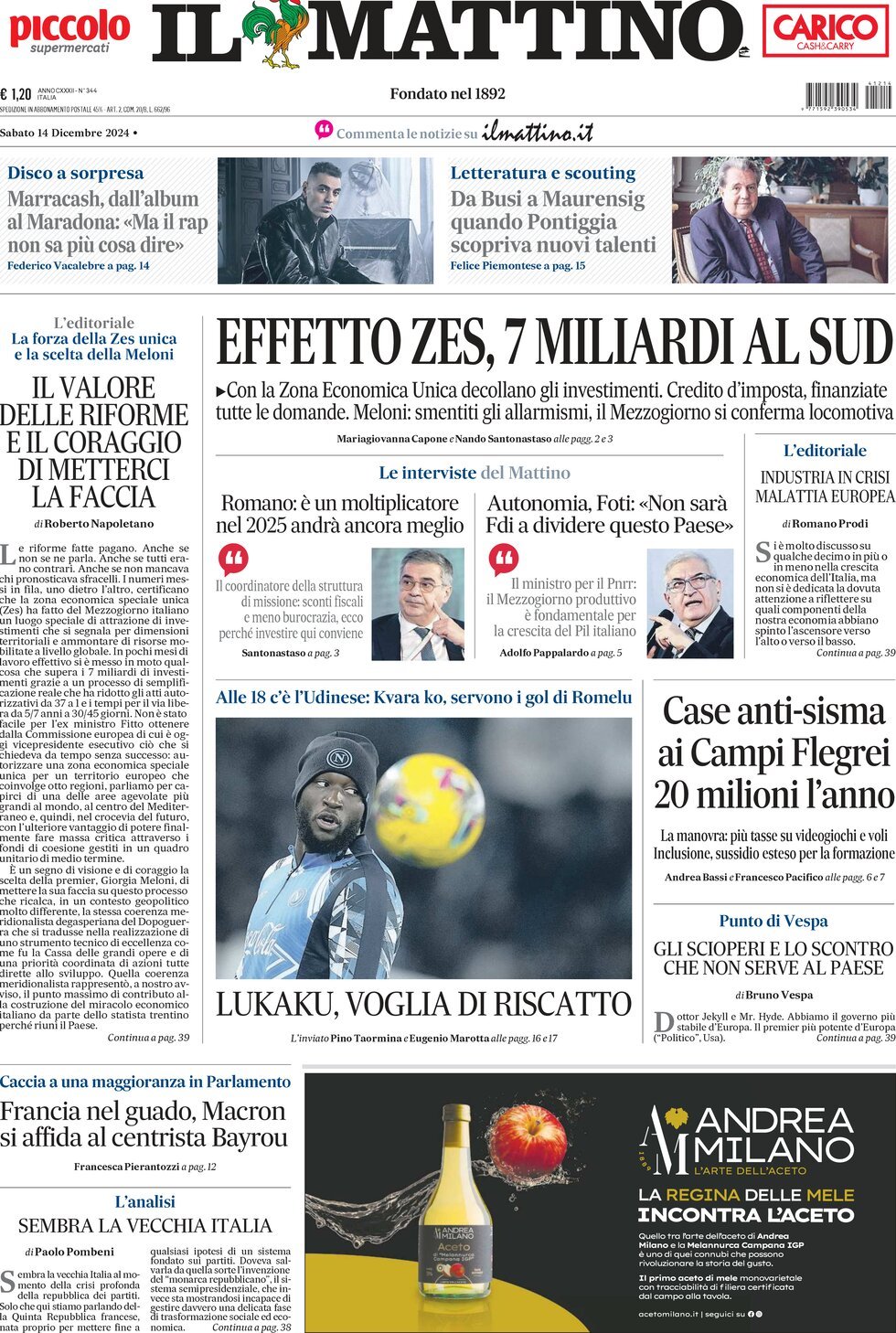 Prima-pagina-il-mattino-edizione-di-oggi-14-12-2024