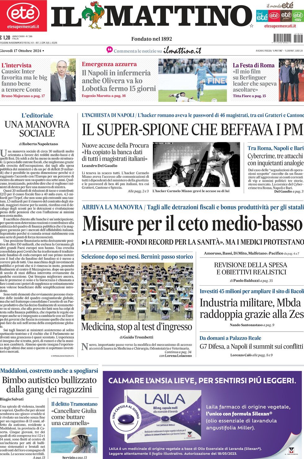 Prima-pagina-il-mattino-edizione-di-oggi-17-10-2024