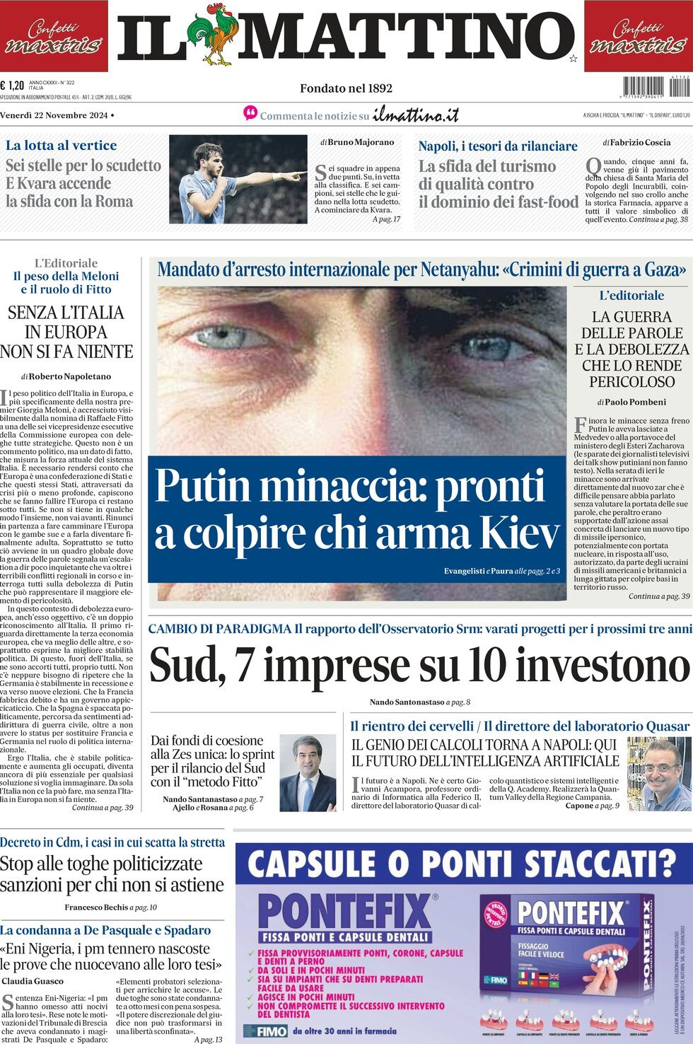 Prima-pagina-il-mattino-edizione-di-oggi-22-11-2024