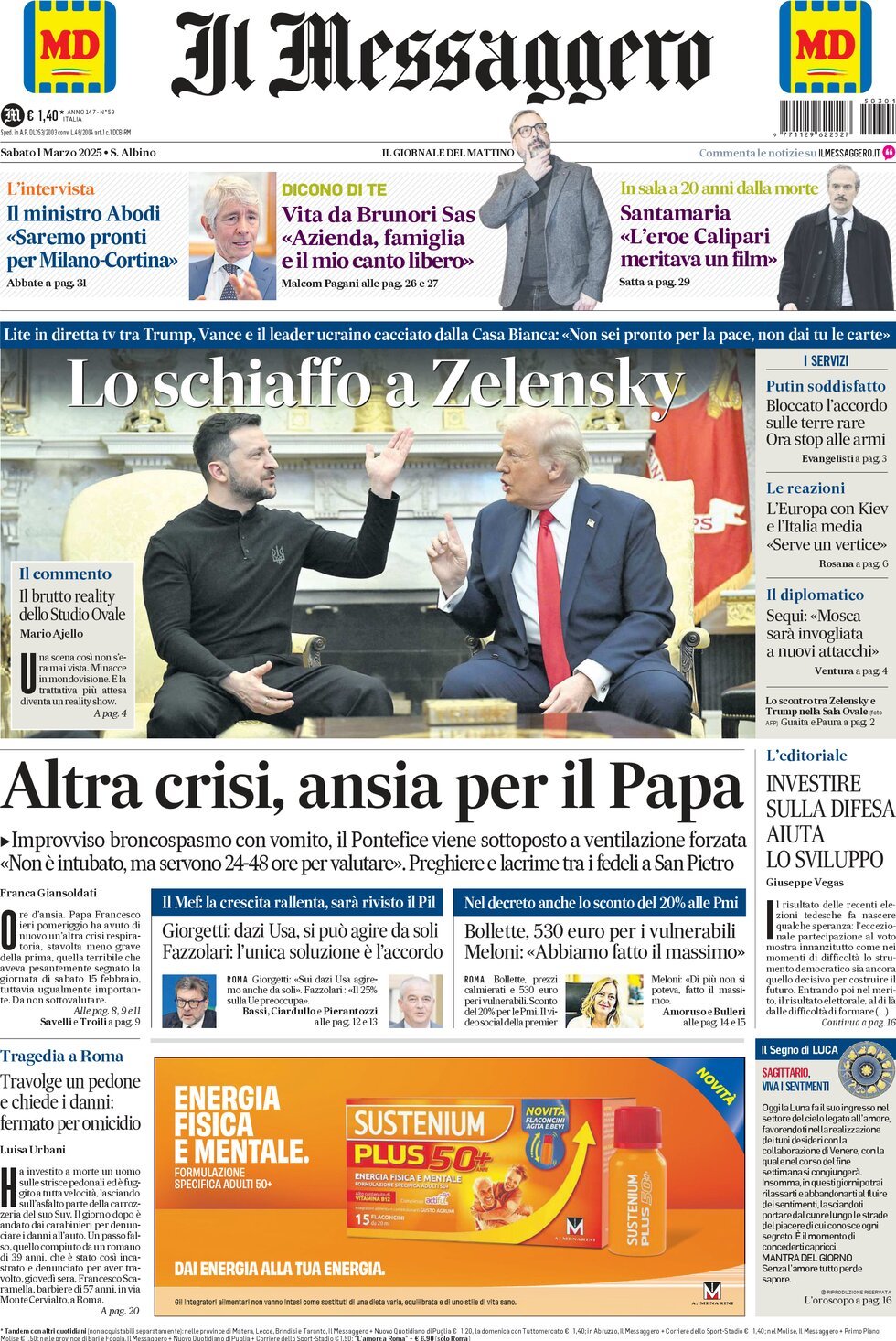 Prima-pagina-il-messaggero-edizione-di-oggi-01-03-2025