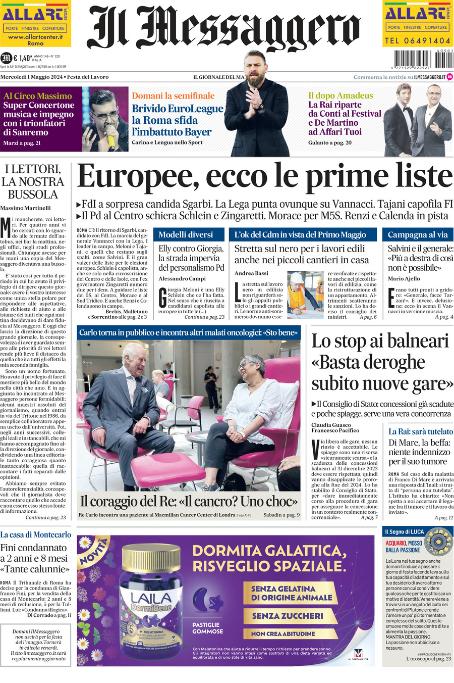 Prima-pagina-il-messaggero-edizione-di-oggi-01-05-2024