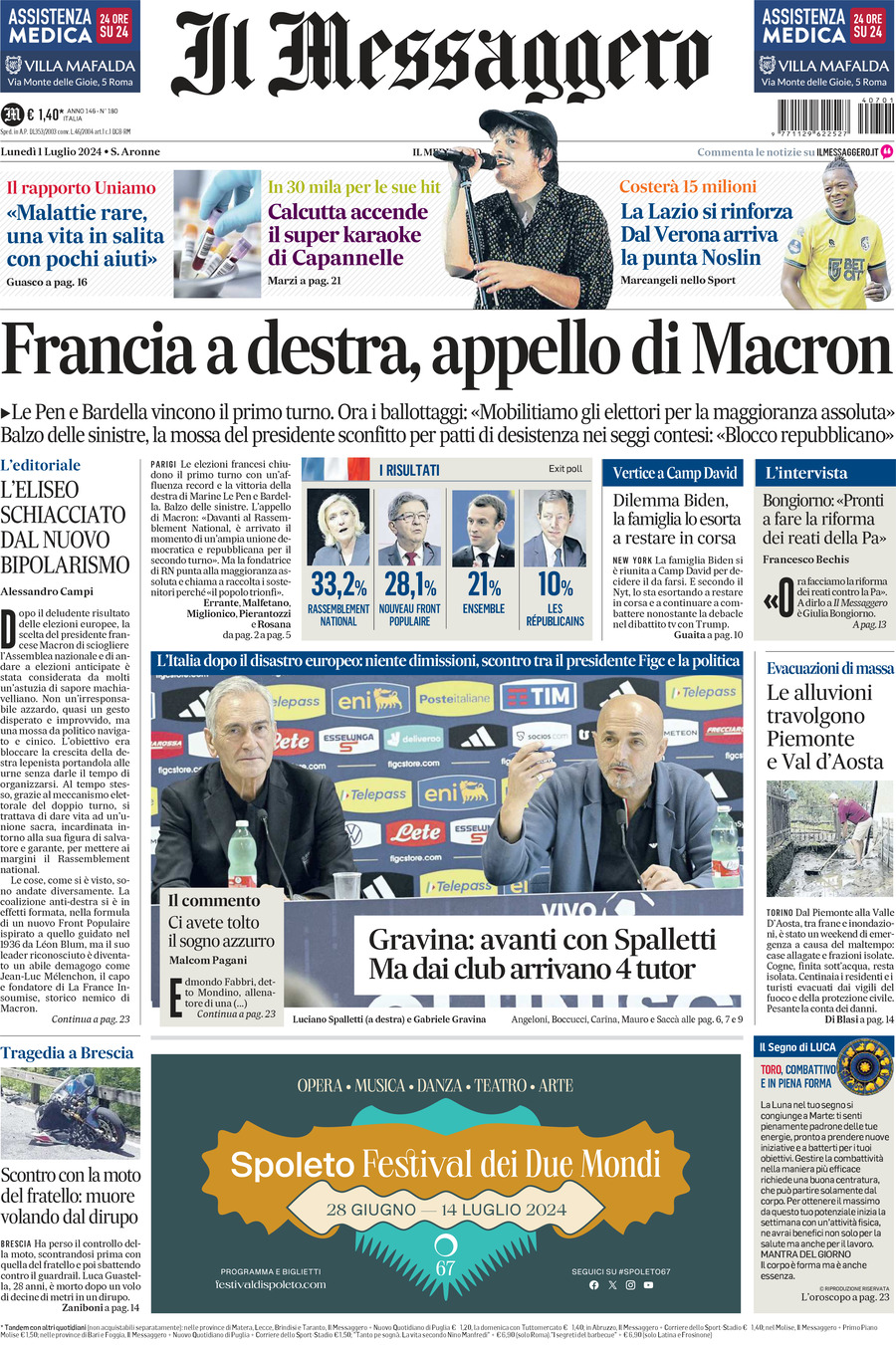 Prima-pagina-il-messaggero-edizione-di-oggi-01-07-2024