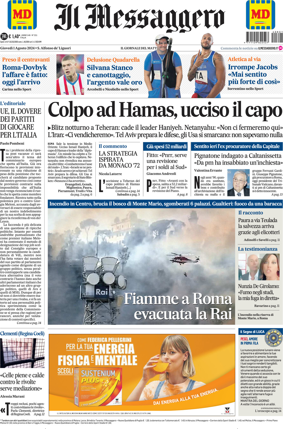 Prima-pagina-il-messaggero-edizione-di-oggi-01-08-2024