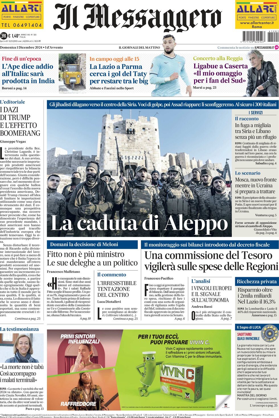 Prima-pagina-il-messaggero-edizione-di-oggi-01-12-2024