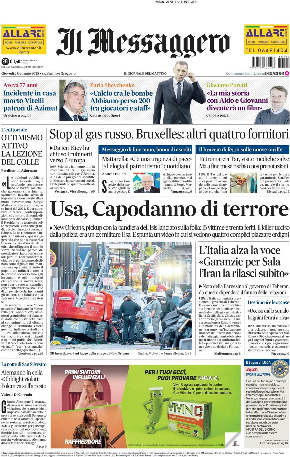 Prima-pagina-il-messaggero-edizione-di-oggi-02-01-2025